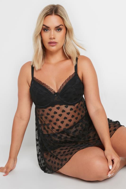 Plus Size  YOURS Curve Black Heart Mesh Underwired Babydoll