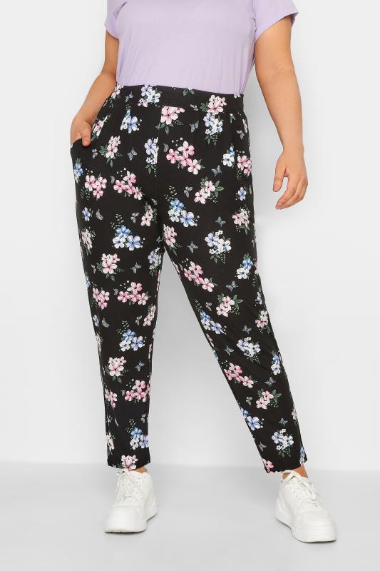 YOURS Plus Size Black Butterfly Print Harem Trousers | Yours Clothing 1