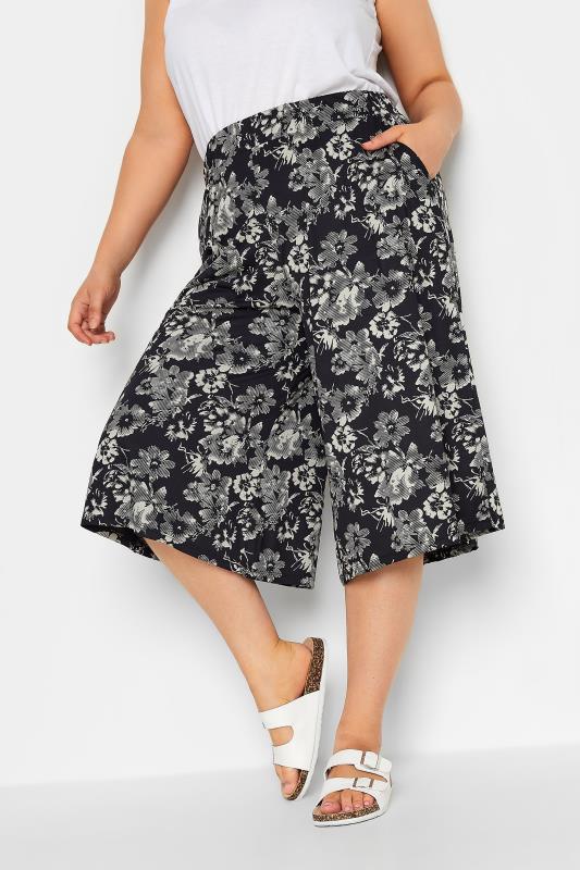 YOURS Curve Black Graphic Flower Print Culottes | Yours Clothing 1