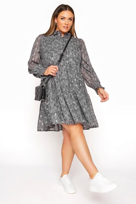 LIMITED COLLECTION Grey Foil Snake Print Tiered Shirt Dress_B.jpg