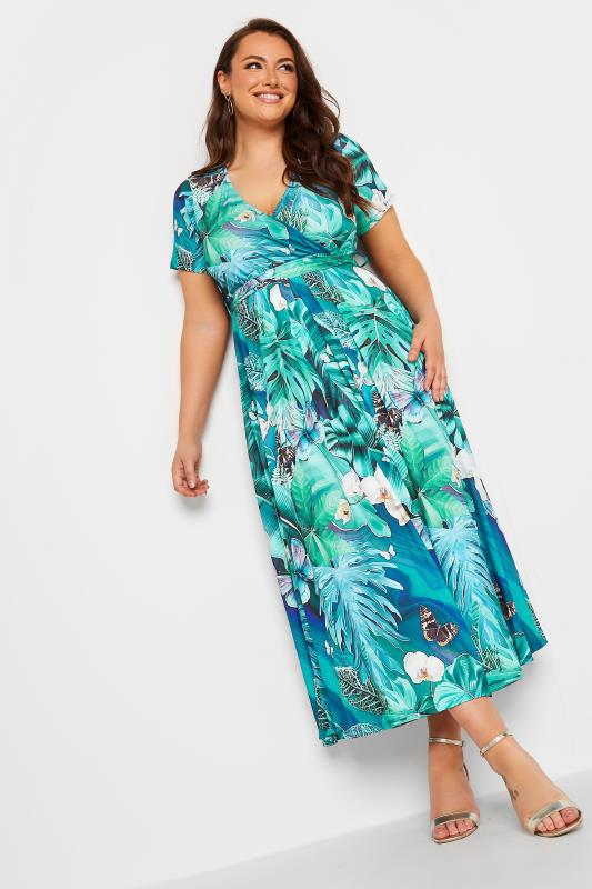 YOURS Plus Size Blue Leaf Print Wrap Neck Dress | Yours Clothing 2