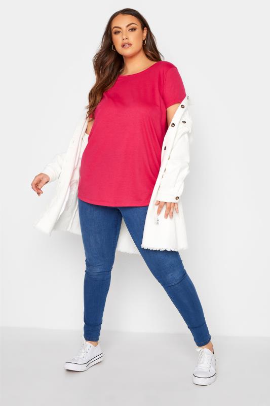 Plus Size Hot Pink Short Sleeve Basic T-Shirt | Yours Clothing  2