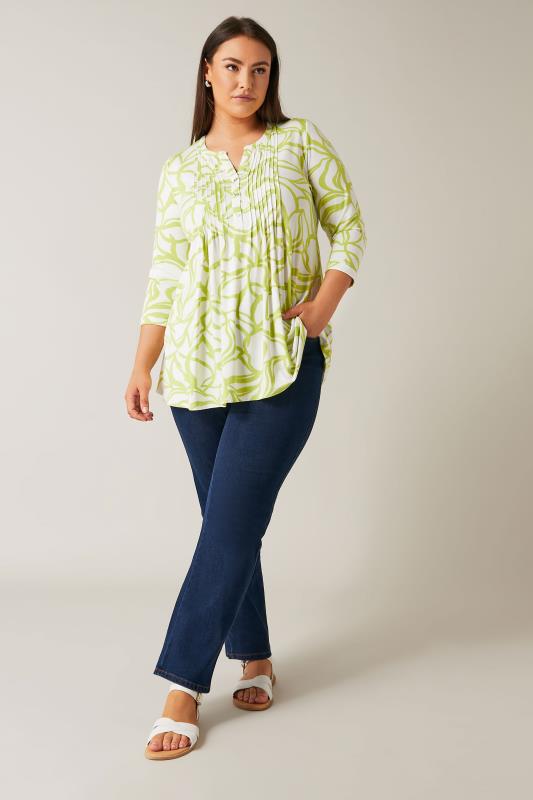 EVANS Plus Size Chartreuse Green Abstract Print Pintuck Blouse | Evans 2