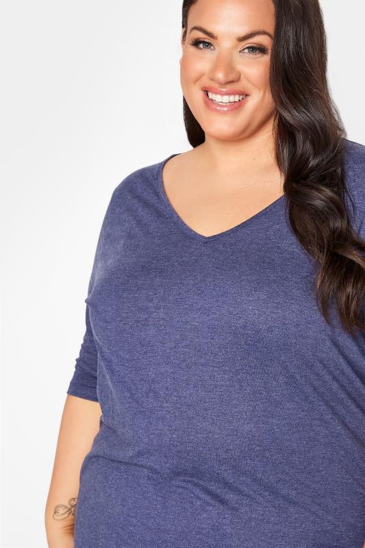 Plus Size Blue Marl V-Neck Essential T-Shirt | Yours Clothing 4