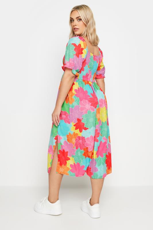 YOURS Plus Size Pink & Blue Floral Print Shirred Midaxi Dress | Yours Clothing 4