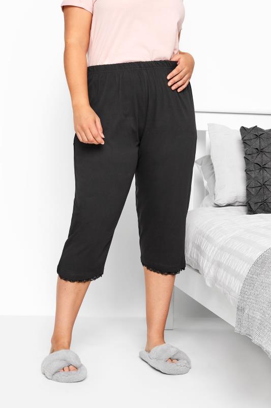 Plus Size Black Lace Trim Crop Pyjama Bottoms | Yours Clothing 1