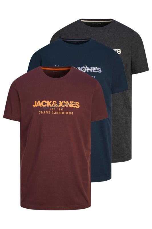 JACK & JONES Big & Tall Wine Red & Navy 3 Pack T-Shirts | BadRhino 3