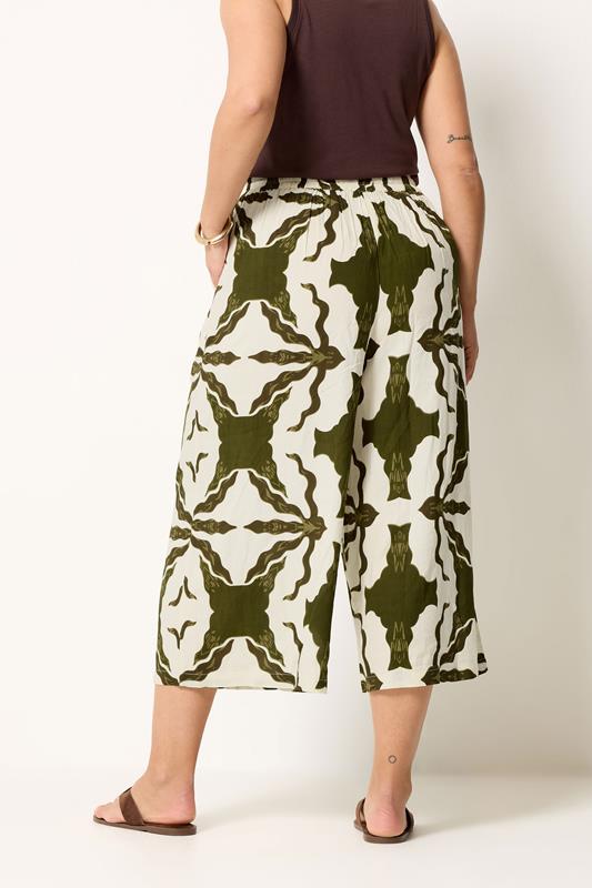 YOURS Plus Size White & Green Tile Print Wide Leg Culottes | Yours Clothing 2
