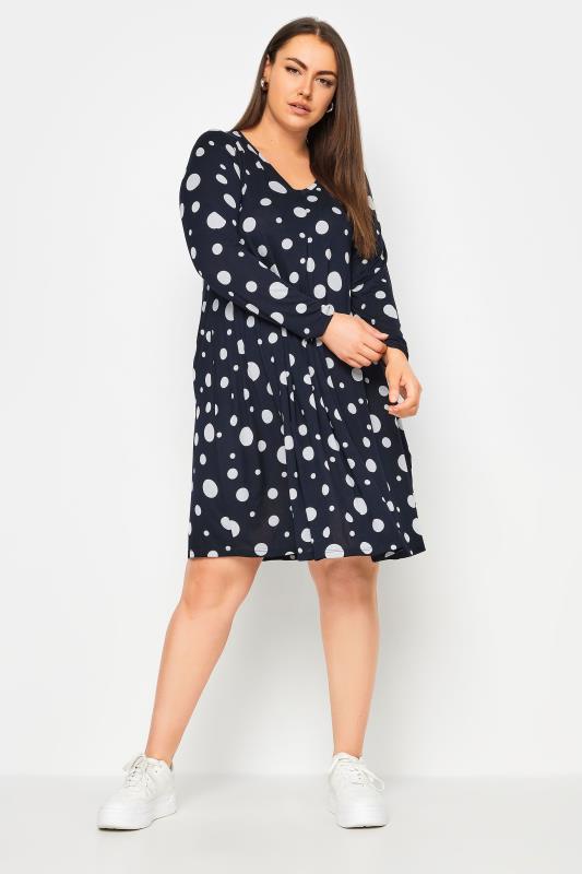 YOURS Plus Size Blue Polka Dot Print Mini Dress | Yours Clothing 1