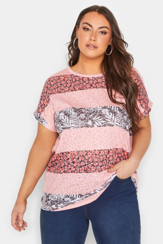 YOURS Curve Plus Size Pink Mixed Print Colour Block T-Shirt | Yours Clothing  1