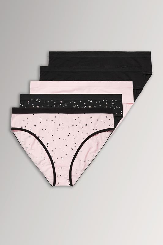  YOURS 5 PACK - Hoog uitgesneden tailleslips van katoenmix met sterren- en maanprint in zwart/lichtroze