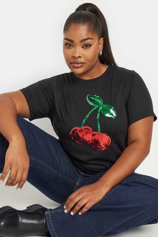 YOURS Plus Size Black Sequin Cherry T-Shirt | Yours Clothing 4