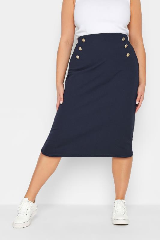  Grande Taille YOURS PETITE Curve Navy Blue Button Front Pencil Skirt