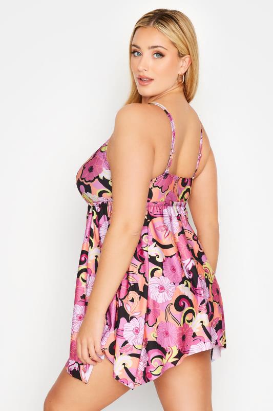 Plus Size Pink Retro Floral Print Hanky Hem Tummy Control Swim Dress | Yours Clothing 3
