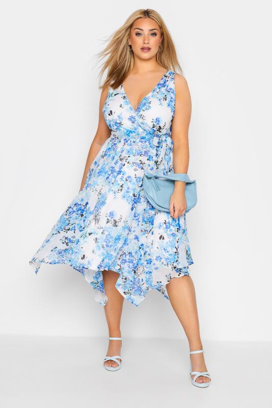 YOURS LONDON Plus Size Blue Floral Hanky Hem Dress | Yours Clothing 1