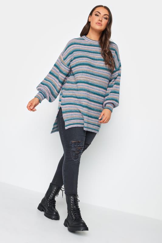 YOURS LUXURY Plus Size Teal Blue Stripe Knitted Jumper | Yours Clothing 2