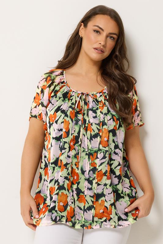  YOURS blusa naranja y rosa con estampado floral y jaretas