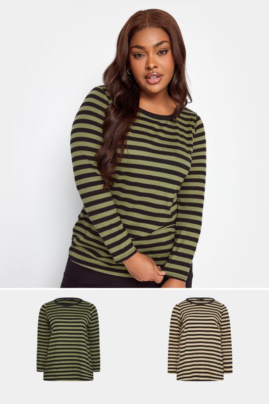 YOURS 2 PACK Plus Size Khaki Green & Beige Stripe Print Long Sleeve T-Shirts | Yours Clothing 1