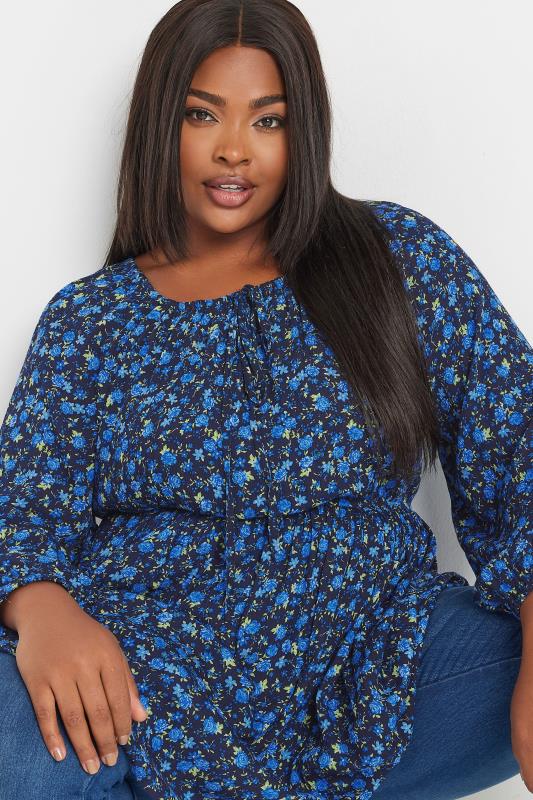 YOURS Plus Size Navy Blue Floral Crinkle Tie Neck Blouse | Yours Clothing  5