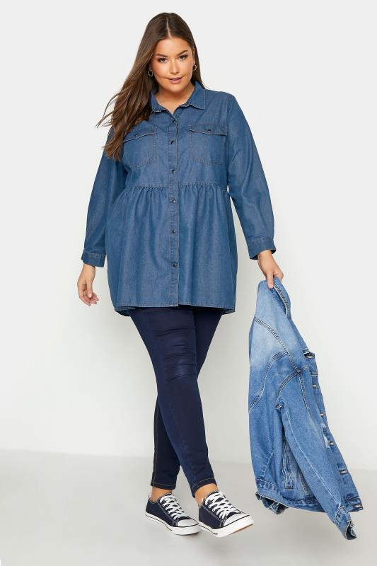 Plus Size Blue Wash Peplum Denim Shirt | Yours Clothing 2