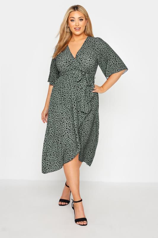YOURS LONDON Plus Size Green Dalmatian Print Midi Wrap Dress | Yours Clothing 1