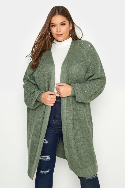 Curve Sage Green Balloon Sleeve Knitted Cardigan 1