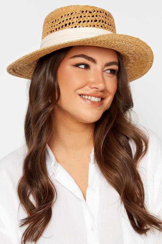 Plus Size  Yours Beige Brown & White Straw Boater Hat