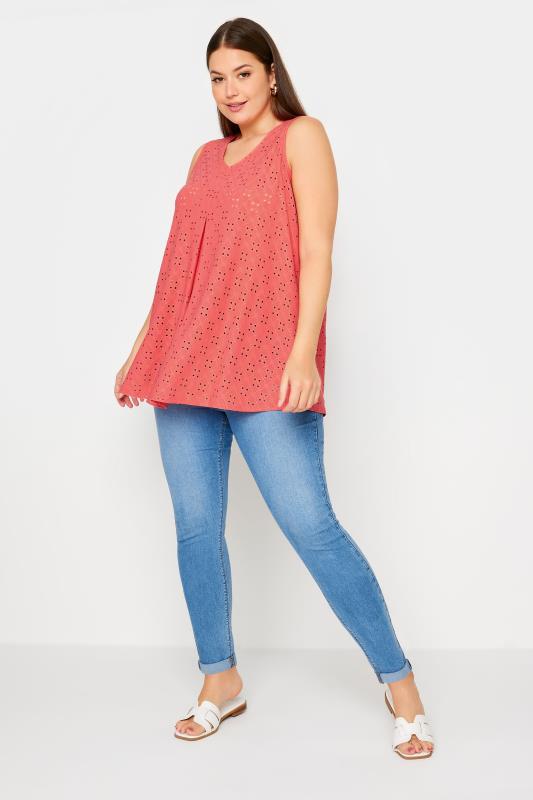 YOURS Plus Size Coral Pink Broderie Anglaise Swing Vest Top | Yours Clothing 2