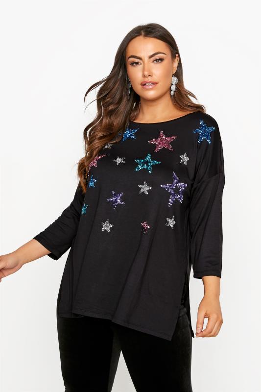 Plus Size  Black Sequin Star Print T-Shirt
