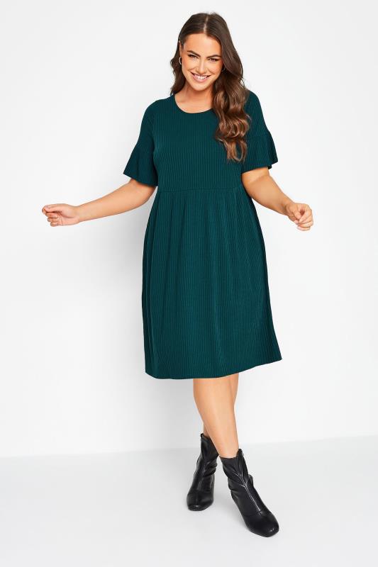 Curve Forest Green Ribbed Smock Dress 1