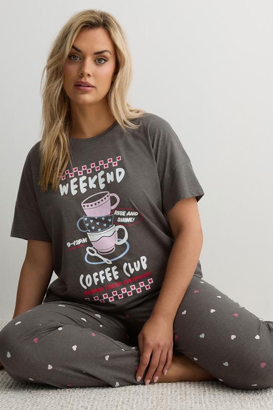YOURS Plus Size Set Brown 'Weekend Coffee Club' Wide Leg Pyjama | Yours Clothing 1