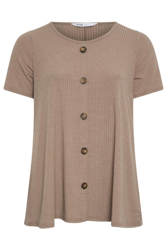 YOURS Plus Size Mocha Brown Button Front Ribbed Swing Top | Yours Clothing 5