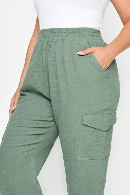 YOURS Plus Size Sage Green Cheesecloth Cuffed Joggers | Yours Clothing 4