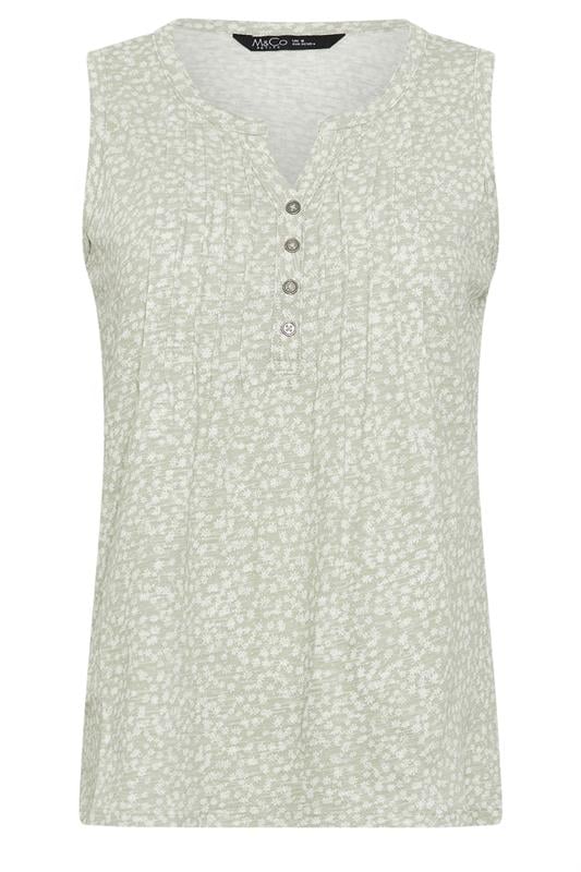 M&Co Petite Sage Green Ditsy Floral Print Sleeveless Cotton Henley Top | M&Co 5