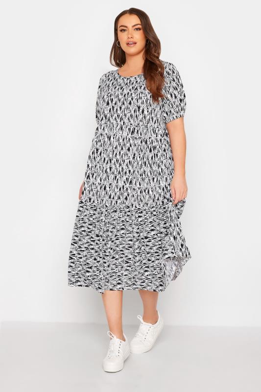 Großen Größen  Curve White & Black Abstract Print Puff Sleeve Smock Midaxi Dress