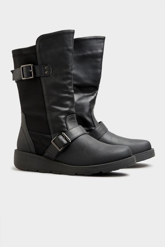 Black Faux Leather Wedge Buckle Boots In Extra Wide Fit 2