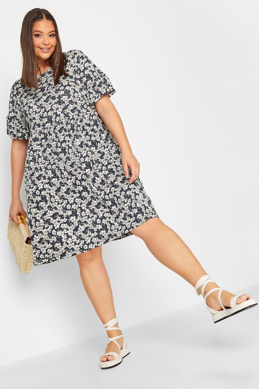YOURS Curve Plus Size Navy Blue Ditsy Floral Print Smock Tunic Dress | Yours Clothing  1