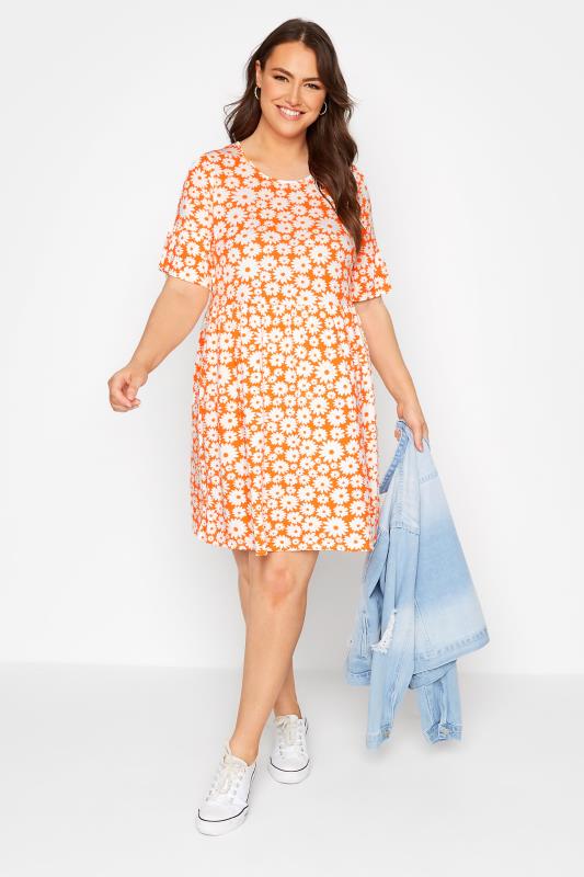 Curve Orange Floral Print Smock Tunic Dress_B.jpg