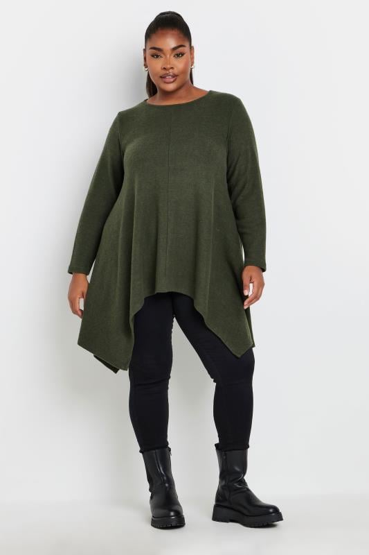 YOURS Plus Size Khaki Green Hanky Hem Top | Yours Clothing  2