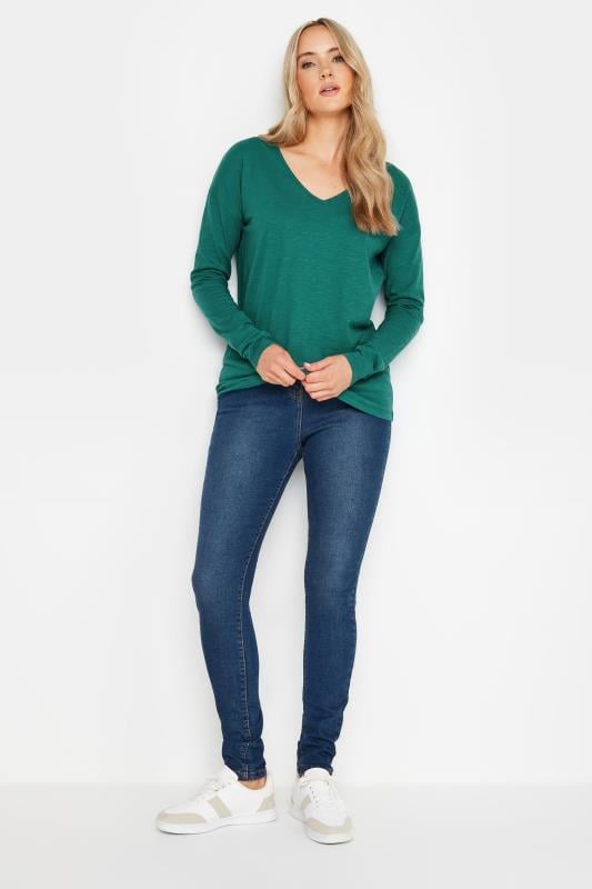 LTS Tall Dark Green V-Neck Long Sleeve Cotton T-Shirt | Long Tall Sally 2