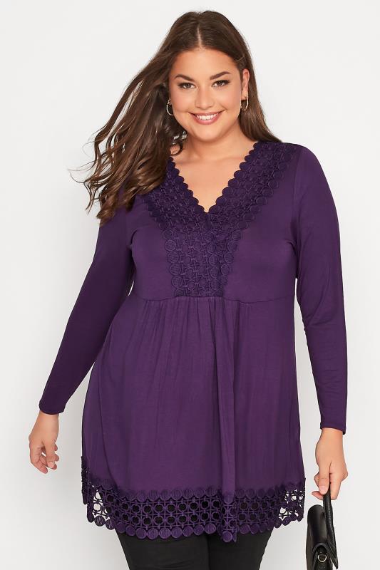 Großen Größen  Curve Purple Crochet Trim Long Sleeve Tunic Top