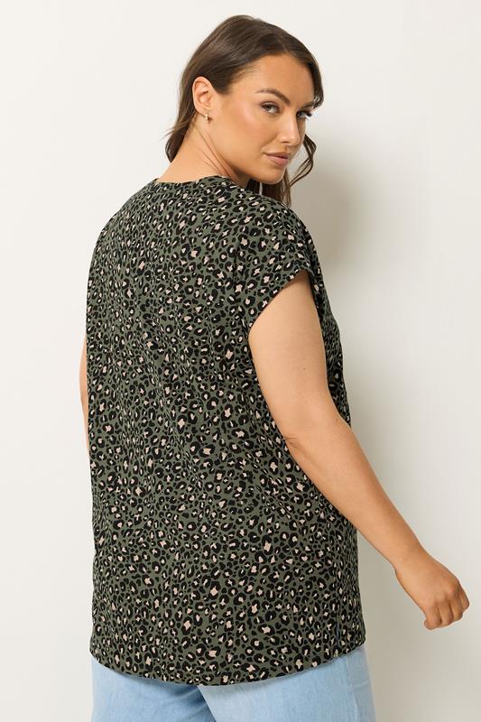 YOURS Plus Size Khaki Green Leopard Stud Pocket T-Shirt | Yours Clothing 2