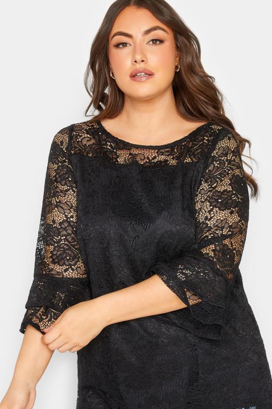 YOURS Plus Size Black Lace Bell Sleeve Blouse | Yours Clothing 1