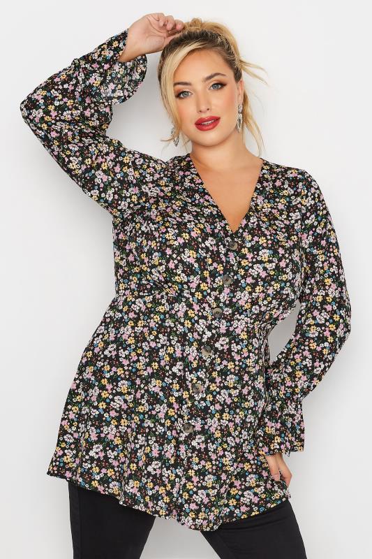 LIMITED COLLECTION Plus Size Black Ditsy Print Flare Sleeve Blouse | Yours Clothing 3