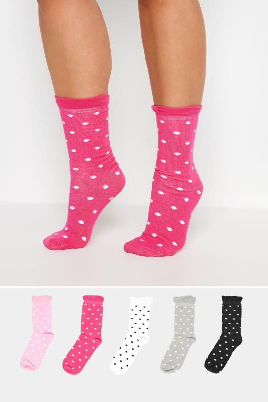 5 PACK Pink & Black Polka Dot Ankle Socks | Yours Clothing 1