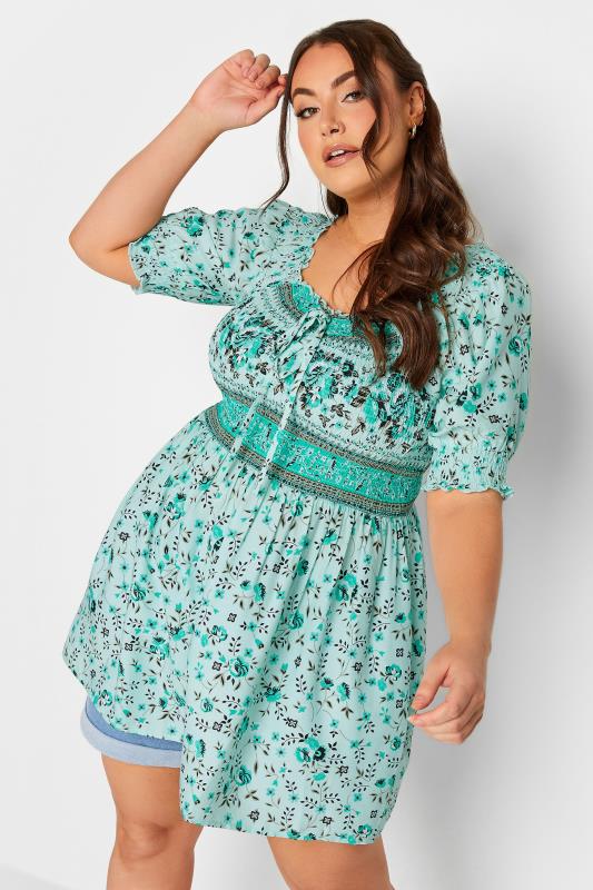 LIMITED COLLECTION Curve Plus Size Green Ditsy Floral Print Shirred Top | Yours Clothing  1