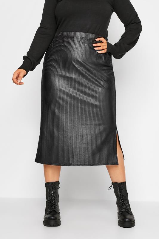  Curve Black Wet Look Ribbed Midaxi Skirt