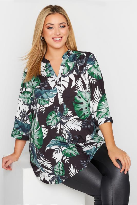 Plus Size  Curve Green & Black Palm Leaf Print Shirt