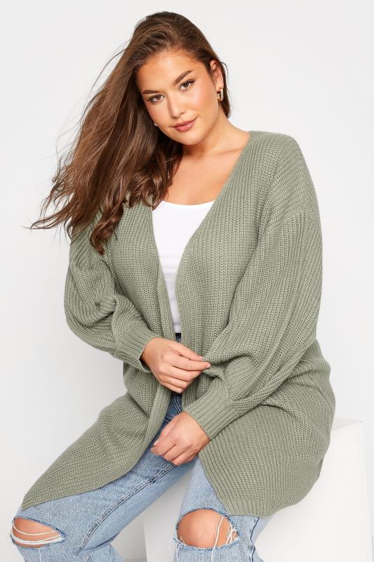 Plus Size Sage Green Pleat Sleeve Knitted Cardigan | Yours Clothing 4