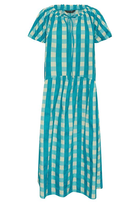 PixieGirl Petite Women's Teal Green Check Cotton Tie Neck Maxi Dress | PixieGirl 5
